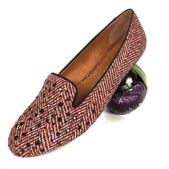 Fabric red herringbone flat w/ black facets size10 - Picture 1 of 6